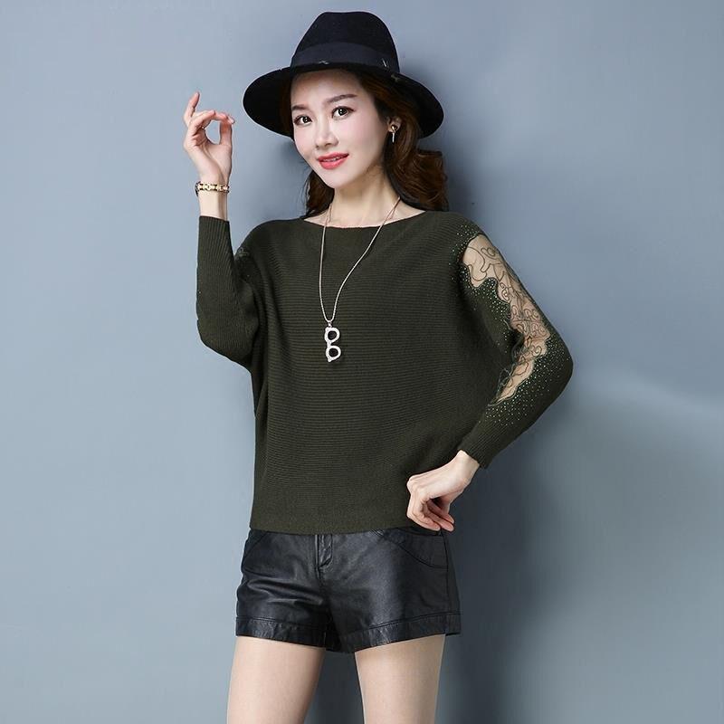 Frühlingspullover Koreanische Fledermausärmel Vielseitige große Strickwaren Damen Spitzenstickerei Backing Shirt Mode