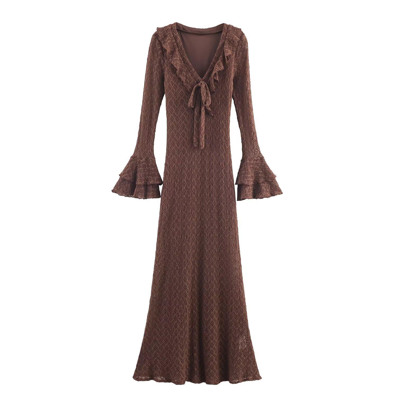 European-Style Autumn Women s Hollow-Knit Flare Sleeve Dress 2025 Large