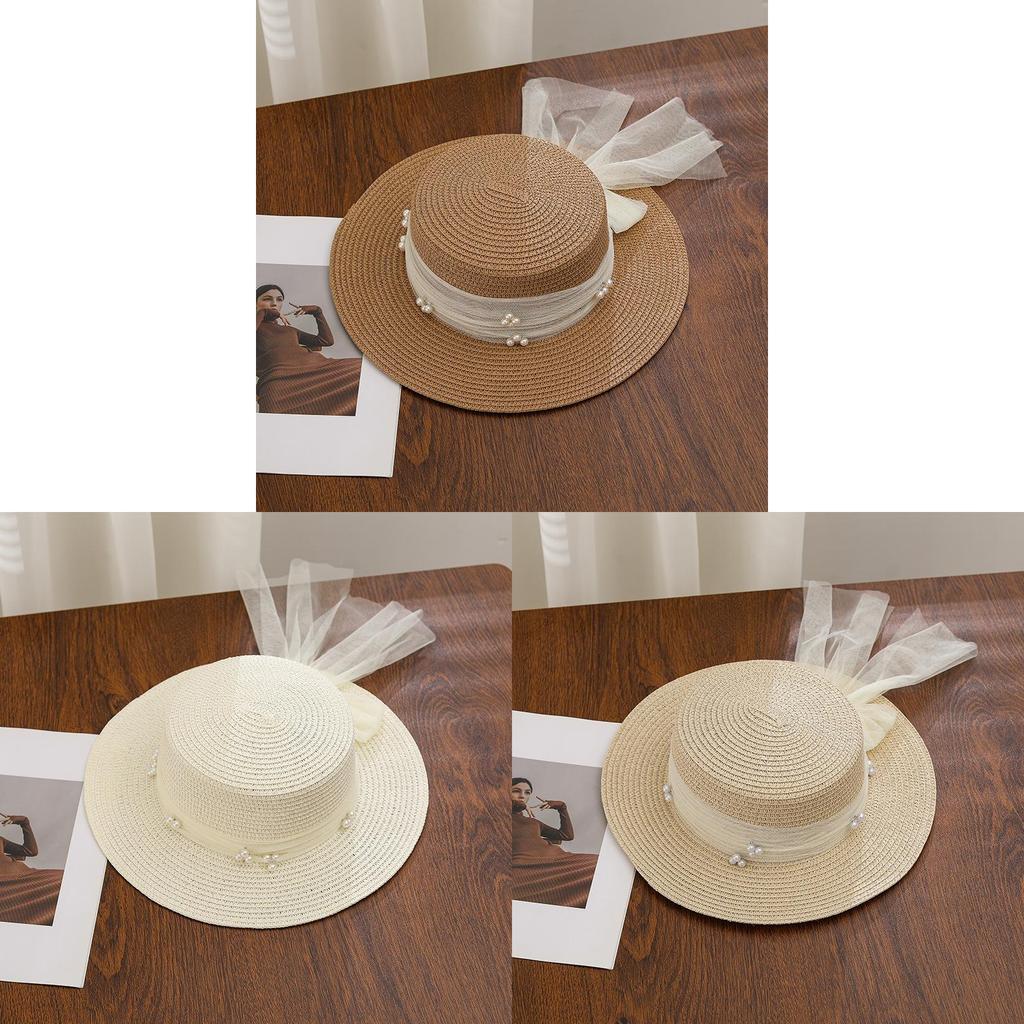 French Lace Pearl Bow Wide Brim Straw Hat For Summer Beach Sun Protection