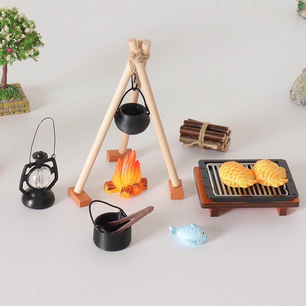 1/12 Camping Accessories With Cooking Utensil and Campfire Realistic Flame Effect For Miniature Scene Display Setting
