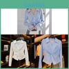 French Port Style Blue Satin Shirt With 3d Effect And Polo Neck For Elegant Women