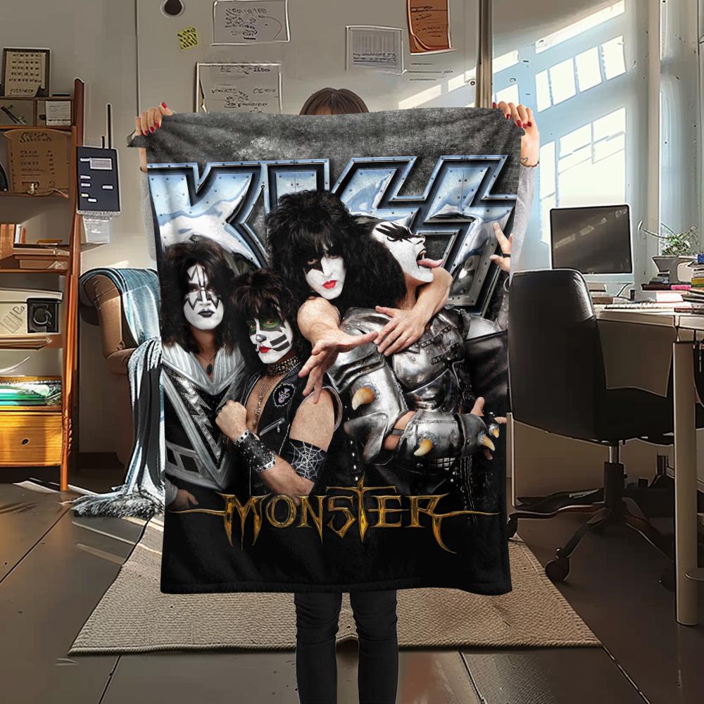 1Pc Rock Kiss Band Print Flannel Blanket, High Quality Comfortable for All Seasons, Home Decor, Warmth and Comfort, Perfect for Christmas Gifts