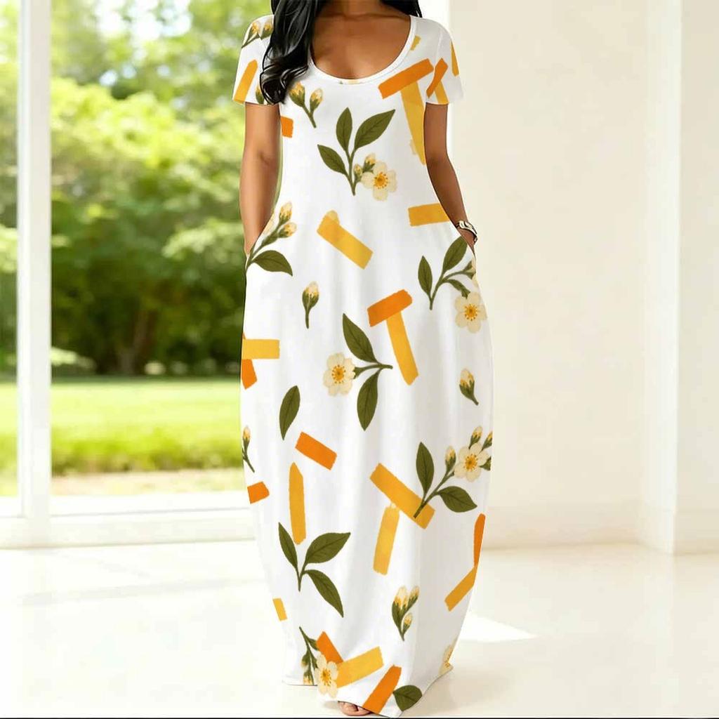 Women Plus Size Round Neck Short Sleeve Floral Printed White Maxi Dress With Side Pockets