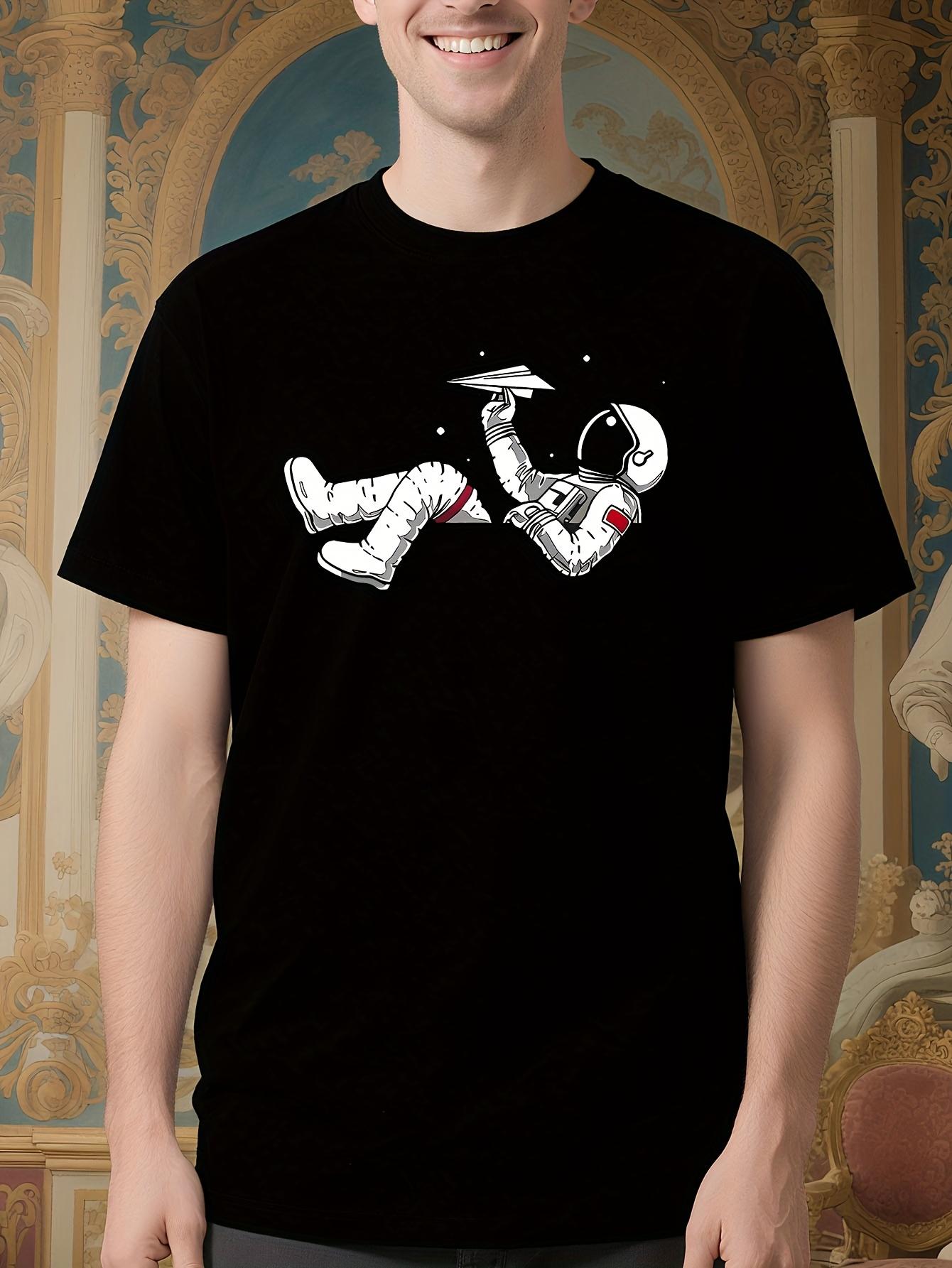 Plus Size Astronaut Print Tshirt - Black Casual Short Sle... L
