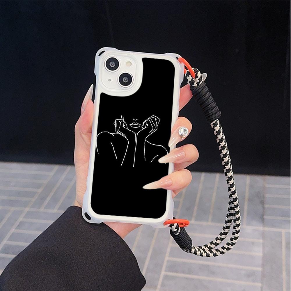 Ae79 Femme Framed Black Art Soft Phone Cases for iPhone 16 15 14 13 12 11 Pro Max 7 8 Plus XR XS with Wrist Strap Lanyard Corner Protection Back Cover