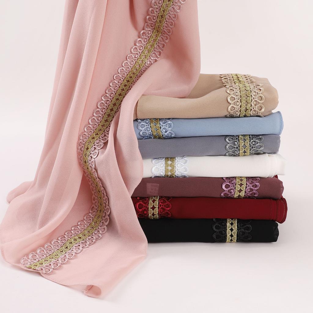 Colored Lace Pearl Bubble Chiffon Hijabs For Women Shawl Scarf High Quality Beads Headband Wrap Foulard Muslim Hijab Turban
