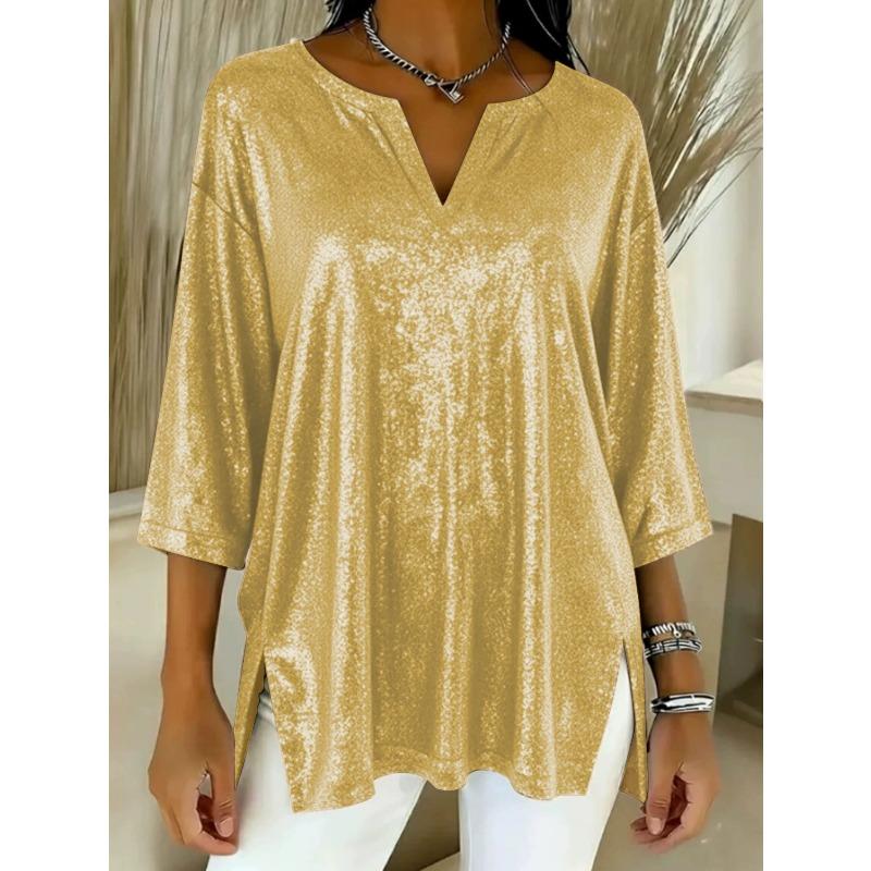 Women's Large Size T-shirt Spring and Summer Seven Quarter Sleeve Shiny Loose Casual Female T-shirt Fashion V-neck Solid Color Office Ladies Tee Tops