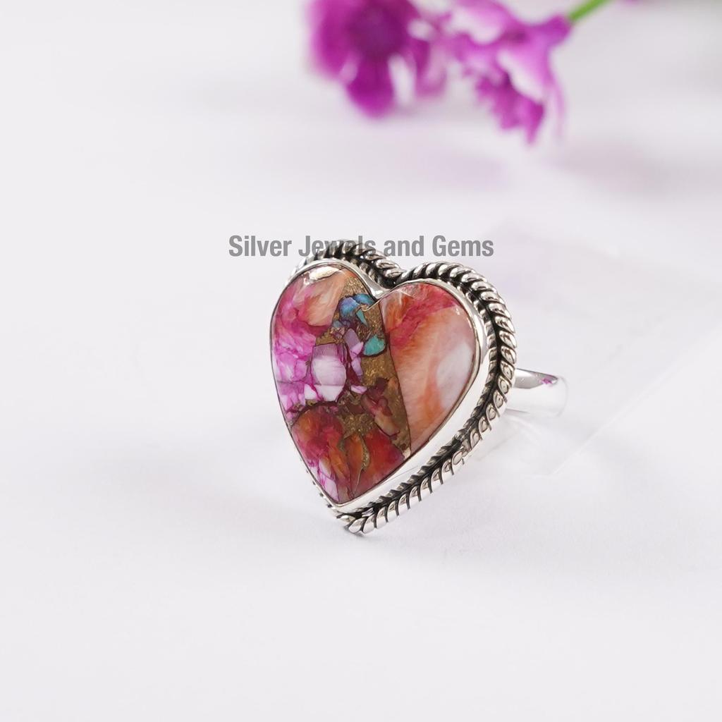 Handmade Heart Dahlia Copper Turquoise Ring, 925 Sterling Silver, December Birthstone