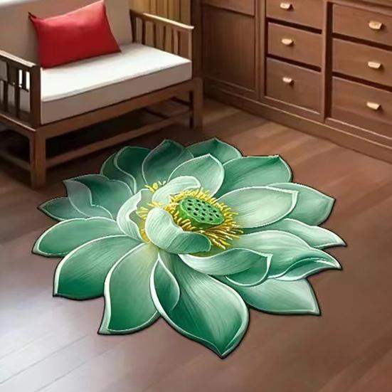 Tapis de sol 3D Lotus Tapis de salon fleur réaliste Forme fleur de lotus Antidérapant Tapis de zone pour cuisine Chambre Salle de bain Salle de jeux