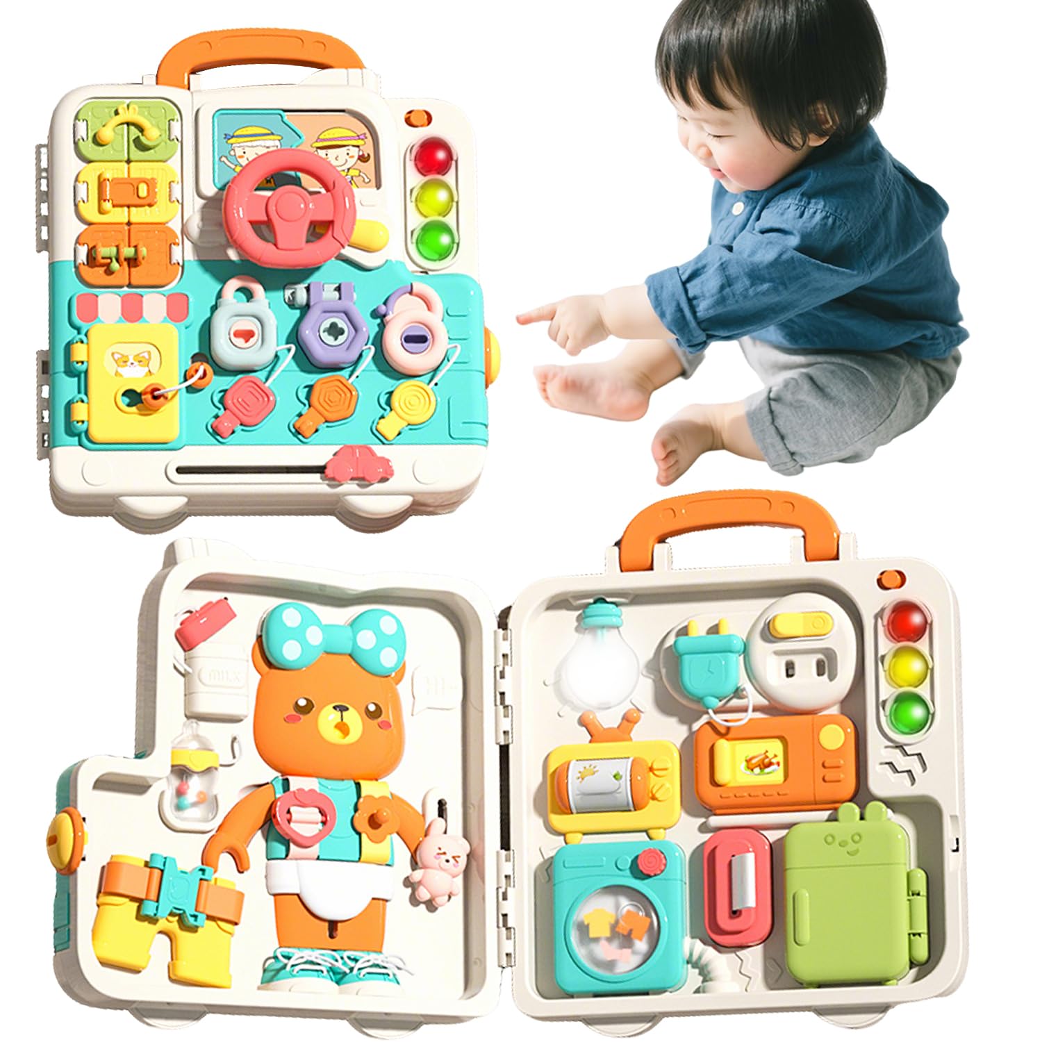 

TENGEE Baby Busy Box, Baby Toy for 3 Years Old, Educational Toy with 3 Scenes for Home Appliances, Daily Life, and Transportation, Music and Light,