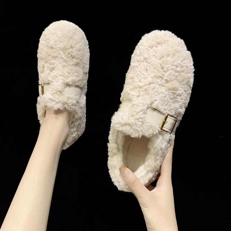 

Mao Mao shoes women wear in autumn and winter, new lamb wool flat-bottomed one-pedal piled fur integrated bean shoes cotton ladyshoes 35 бежевый