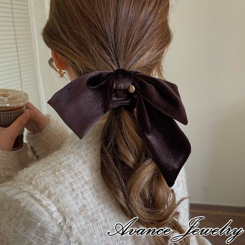 Avance Hair Velvet Hair Cute for Women Accessory, Ribbon, Tie, Scrunchie, Black, Brown, Cream, Adults, (Brown)