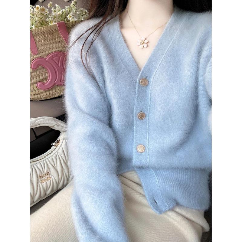

Autumn new imitation mink velvet knitted cardigan for women, super good-looking milk versatile soft waxy neck knitted cardigan top for women One size синий