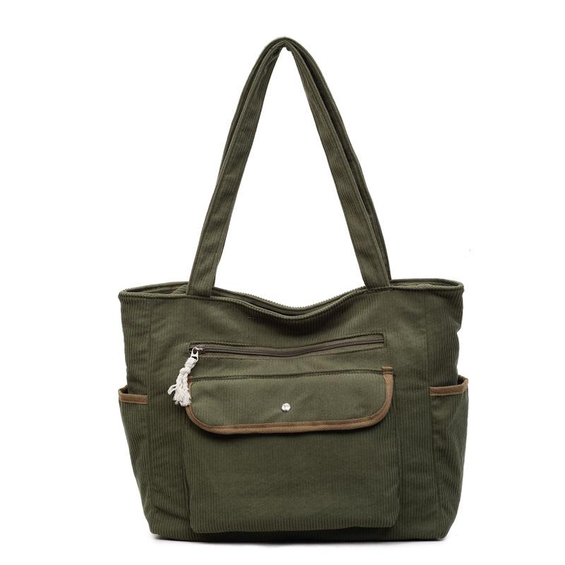 

2025 Новая женская дорожная сумка-тоут с несколькими карманами, большой вместимости, полосатая флисовая, литературная и высококлассная сумка через плечо зелёный