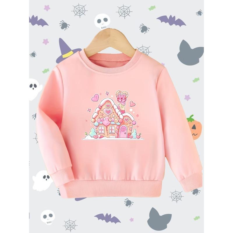 Adorable Cartoon Gingerbread House Print Long Sleeve Crewneck Sweatshirt for Kids, Unisex Boys Girls Pullover, All-Season Round Neck Top