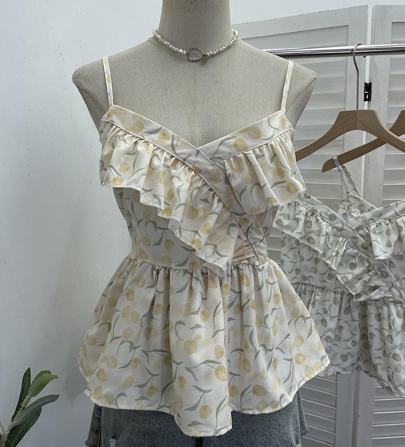 Floral Vacation Style Ruffle Hem Sleeveless Camisole One Size жёлтый