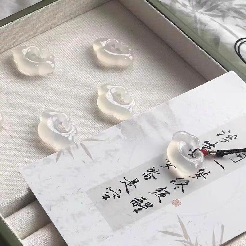 Ice Jade White Agate Auspicious Clouds Pendant with Blue Agate and Peaceful Cat Jade Necklace