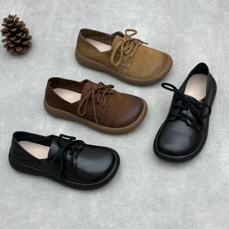 Johnature Genuine Leather Women's Shoes Retro Round Toe Soft Soled Lace Up Versatile Shoes