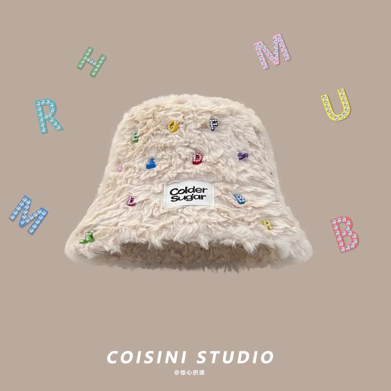 Winter New Plush Bucket Hat Women's Big Head Circumference Shows Small Face Thickened Warm Colored Diamond Alphabet Hat Advanced Sense