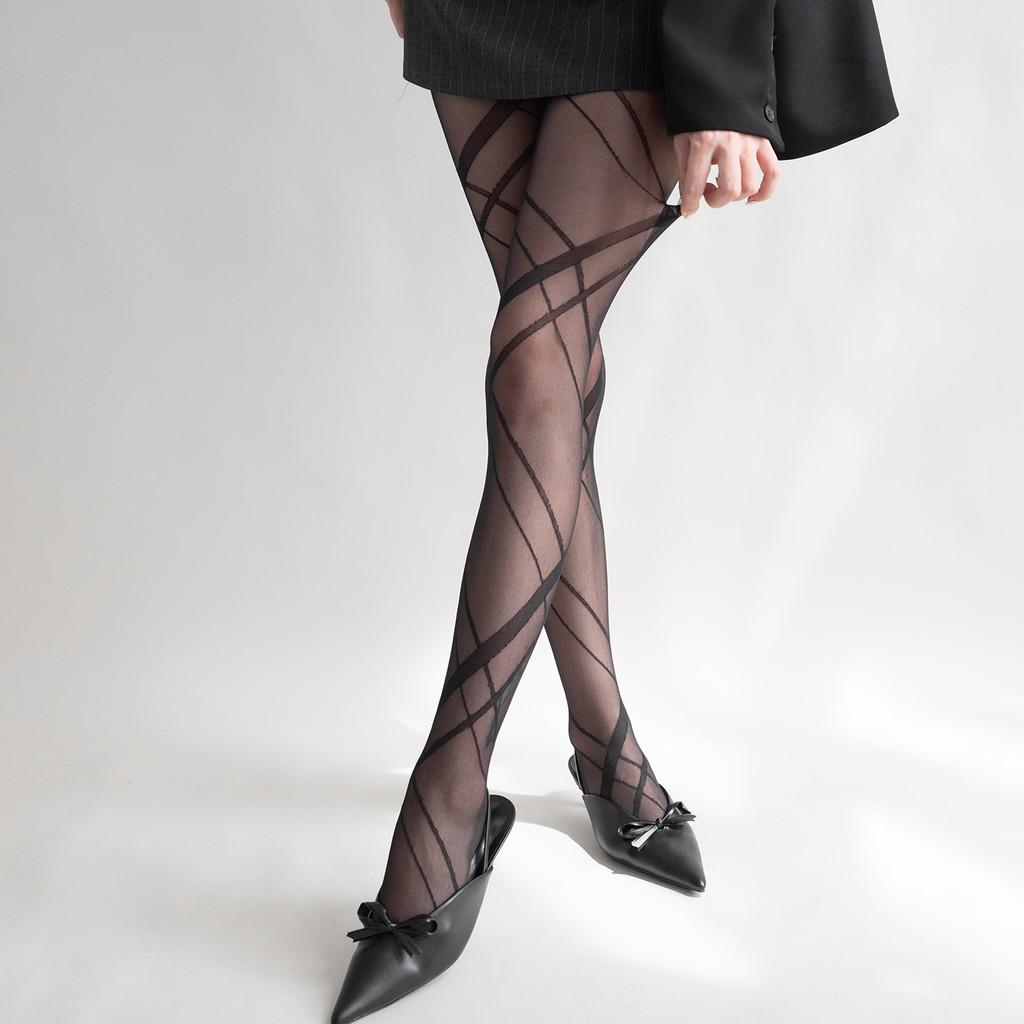 Nylon Sheer Cross Pattern Tights With Black Straps For Women Summer Wear