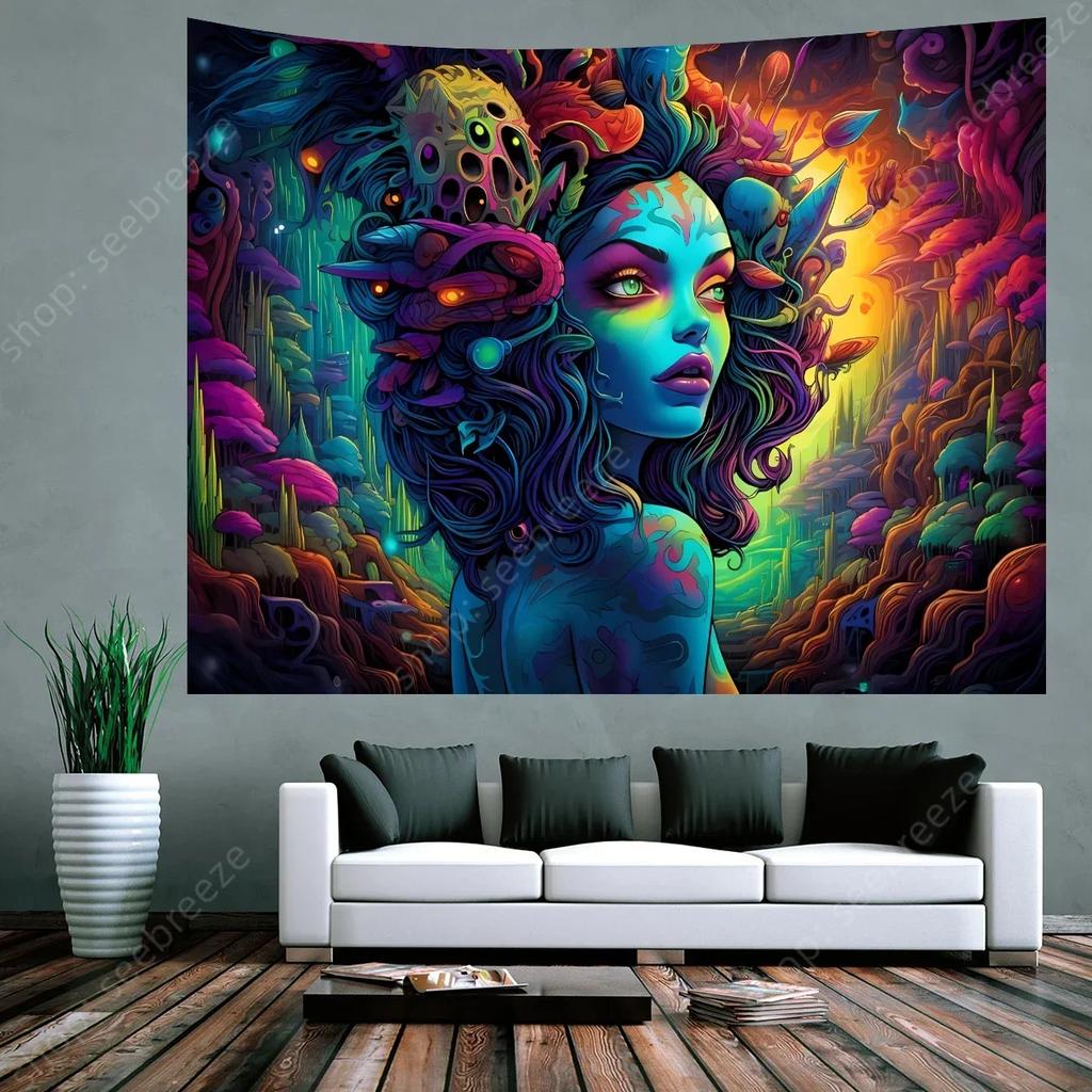 VIKAMA Cosmic Meditation Tapestry Bedroom Mural Luminous Starry Night Bohemian Spiritual Space Decoration