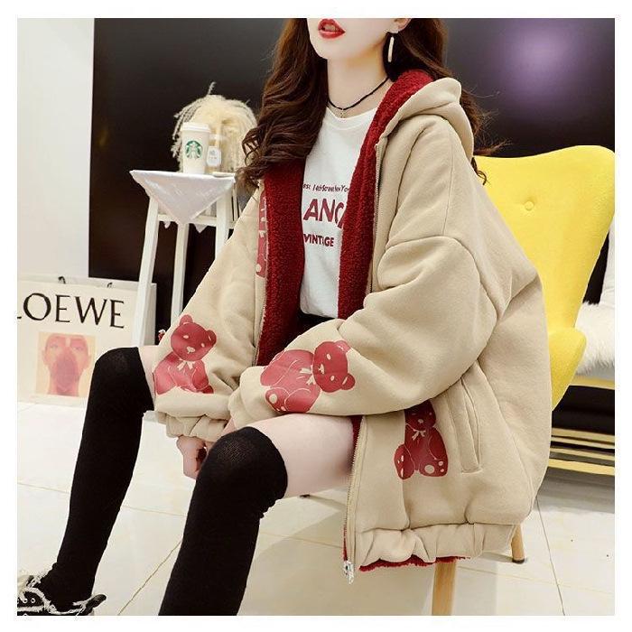 Reversible Fleece-lined Lamb Wool Sweatshirt - Women s Trendy Winter Korean Style, Thick and Loose Fit. M