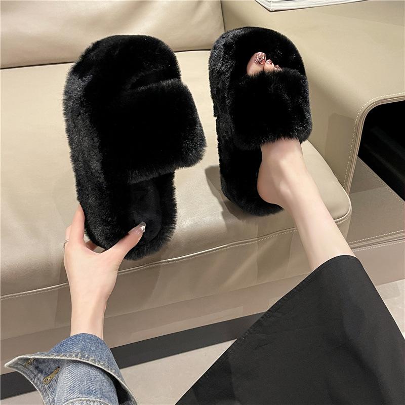 Super high heel fluffy slippers women's outer wear 2025 new autumn and winter thick bottom small man height increase home indoor cotton slippers