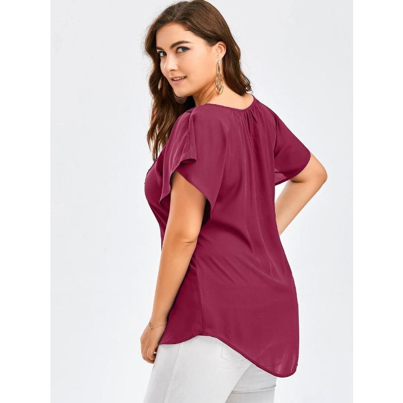 Lace V Neck Loose Women Blouse Large Size Lace-up Short Sleeve Shirts Ladies Solid Color Loose Sweet Office Elegant Fashion Simple Clothing