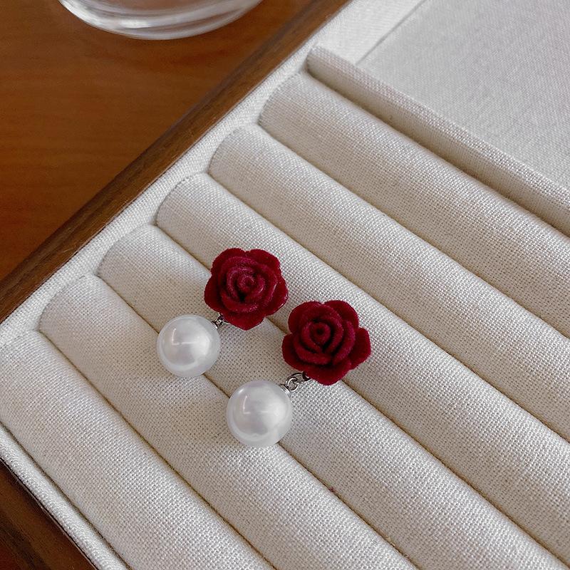 Korean Flocked Flower Pear Earings Fashion Jewelry Elegant Bowknot Rose Earrings for Women Stud Earrings Pendientes Gifts