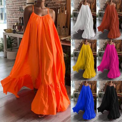 Aly Women Casual Solid Strap Dress Pocket Loose Backless Big Swing Dress
