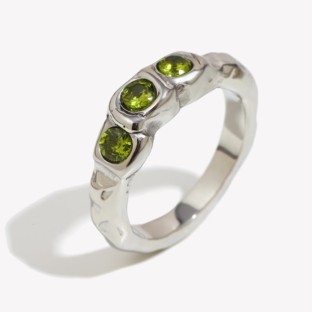 

E.B.belle New Vintage Style Three Green Zircon Ring PVD Plated 316L Stainless Steel Simple Women Statement Finger Chic Jewelry 6