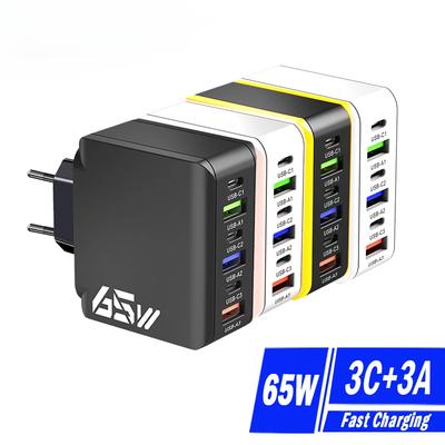 Carregador de Parede USB C 65W Carregador Rápido 6 Portas Adaptador Quick Charge 3.0 para IPhone 13 14 15 Xiaomi Samsung Oppo Mobile Plugue US/UE