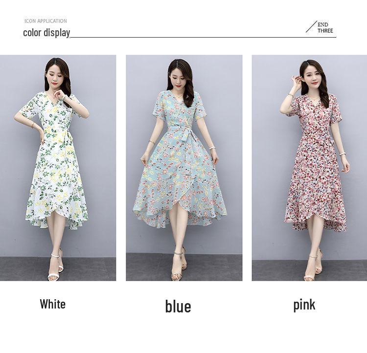 Plus Size Women's Floral V-Neck Tie-Waist A-Line Summer Dress with Irregular Hem