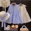 Girls Summer Solid Pleated Waist Cinch Princess Vest Dress With Hat Elegant Stylish Children Clothing