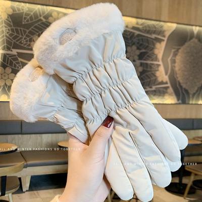 Ski Gloves Women Winter Fleece Thickened Warm Plush Cotton Waterproof Touch-Screen Gloves For Outdoor Riding Mountaineering