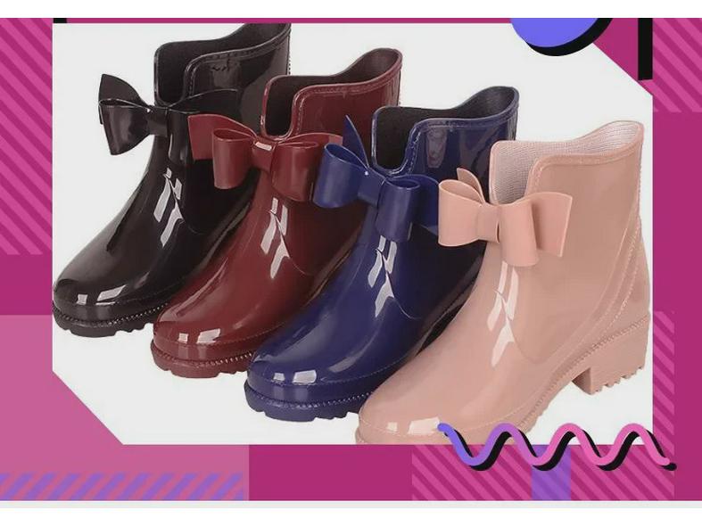 Women's European & American Bow Low Tube Rain Boots - Fashionable Non-Slip PVC for Outdoor Wear.