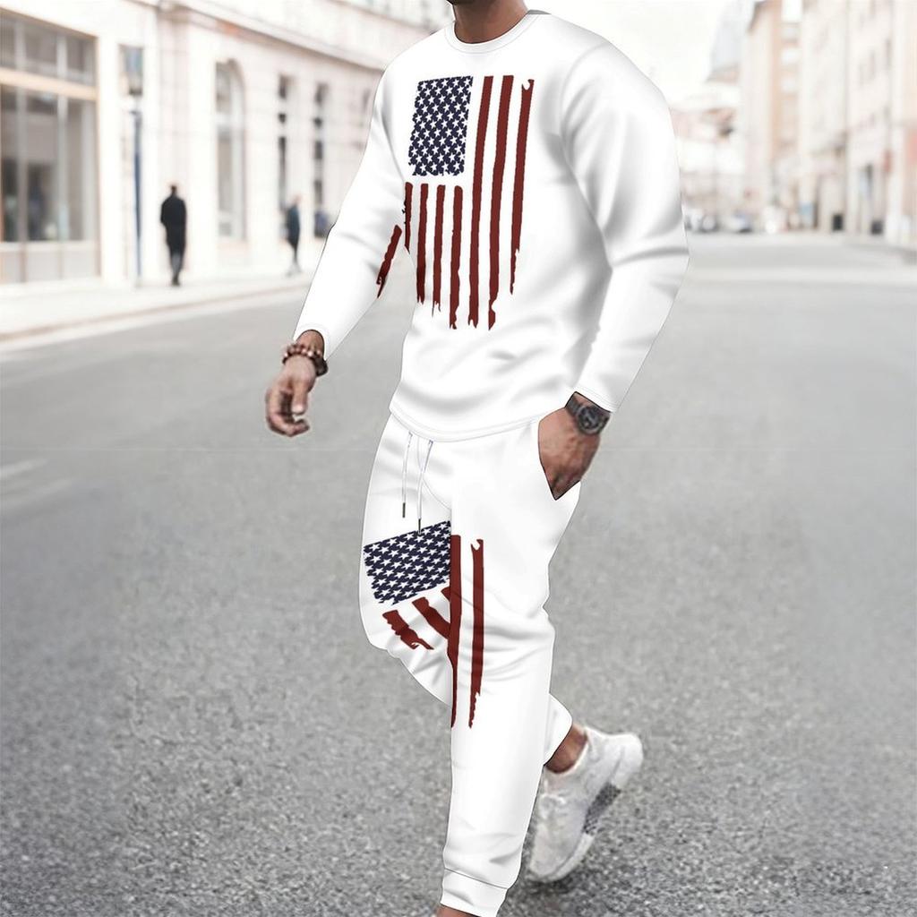 Men Torn Ripped Effect American Flag Star Print Long Sleeve Sweatshirt And Jogger Pants Two Piece Outfit