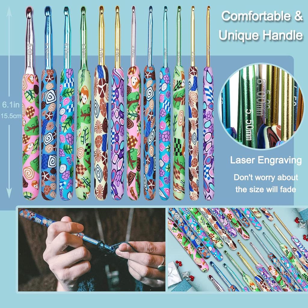 Coopay Complete Crochet Hooks Set for Beginners, 2.25mm-8mm Crochet Hook, Ergonomic Crochet Hooks for Arthritic Hands, Cute Animal Print Comfort Grip