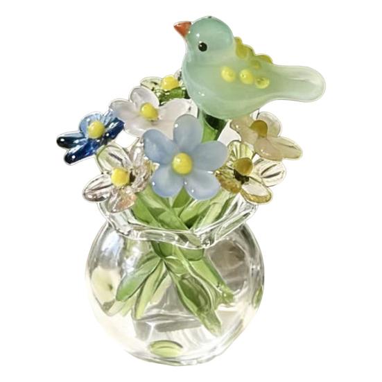Miniature Glass Flower Figurine Small Hand Blown Faux Crystal Flower Bouquet in Vase