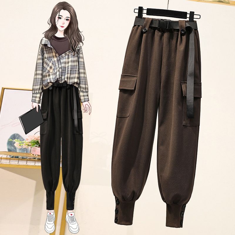 Women Casual Pants Large Size Warm Bundle Feet Pocket Elastic Waist Korean Style Chic Simple Harem Pants