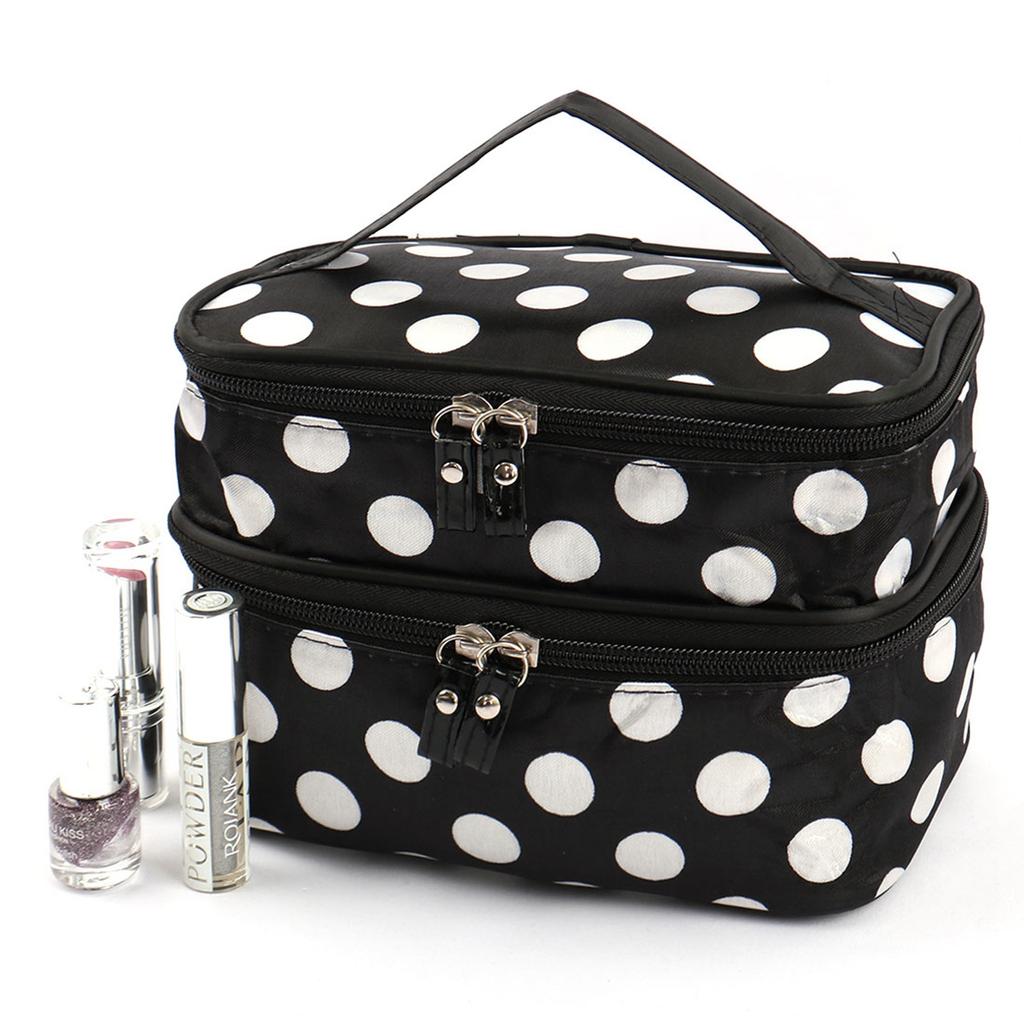 Travel Cosmetic Makeup Bag Organizer Double Layer Dot Pattern Toiletry Bag Case Pouch With Mirror For Woman