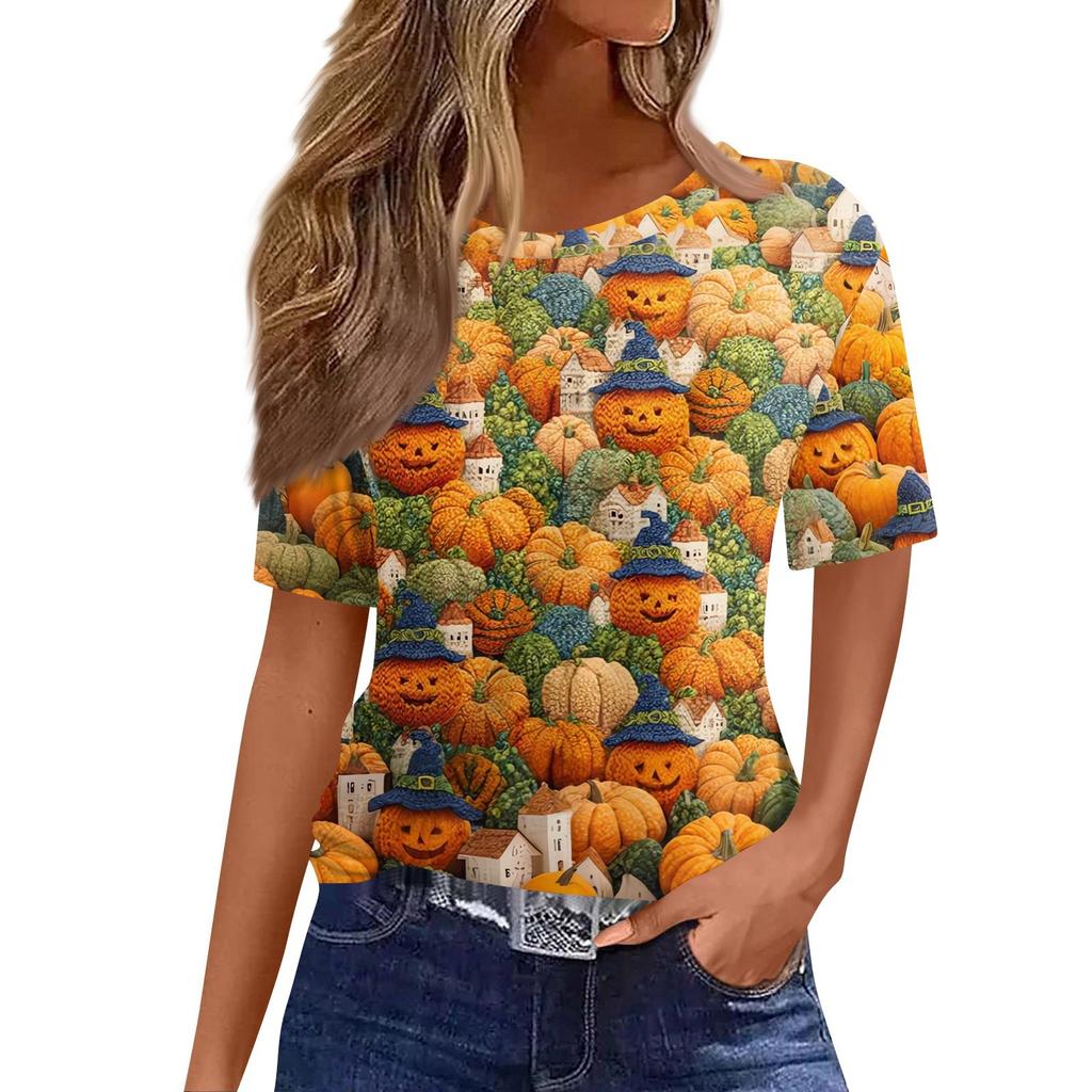 Women's Fashionable Casual Short Sleeve Halloween Print Round Neck Pullover Top