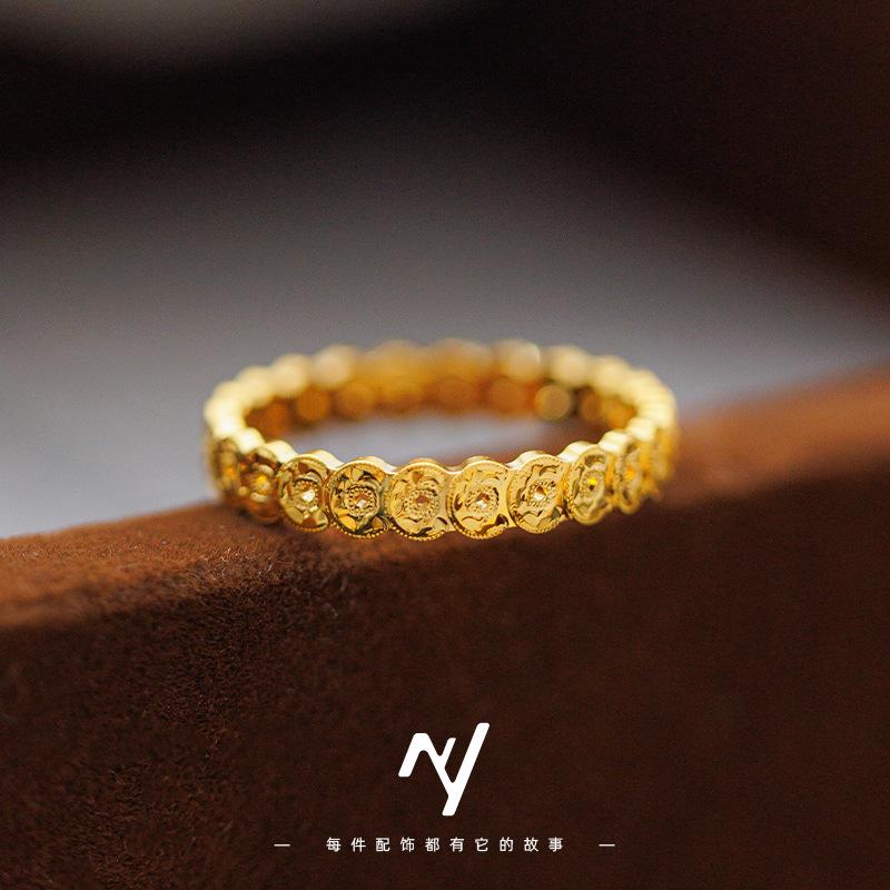 Sand Gold Crushed Ice Money Duoduo Copper Coin Ring, Light Luxury Hollow Coin Closed Ring Plain Ring no. 6