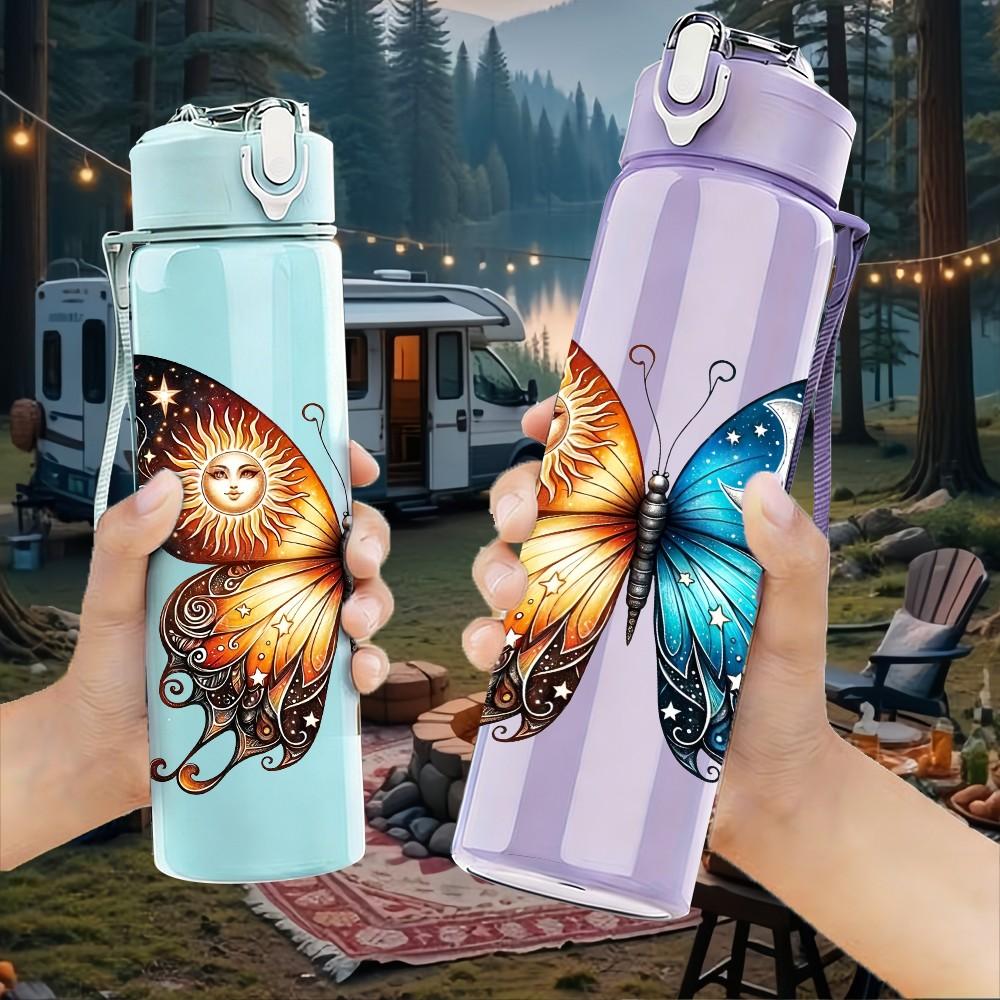 1PC Bright Color Butterfly Wing Print 750ml Color Plastic Sports Water Bottle Leakproof Flip Straw Lid Suitable for Sports Office Home Use