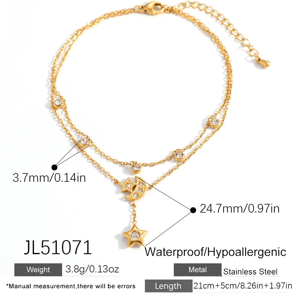 18K Gold-Plated Stainless Steel Anklet with Star & Moon Diamond Inlay - Waterproof & Versatile 18K Gold Plated