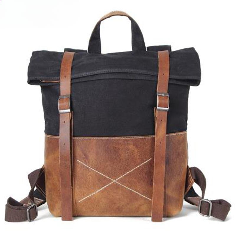 Canvas Backpack with The First Layer of Leather Europe and The United States Retro Backpack Men's Travel Bag Wear-resistant Oil Wax Canvas