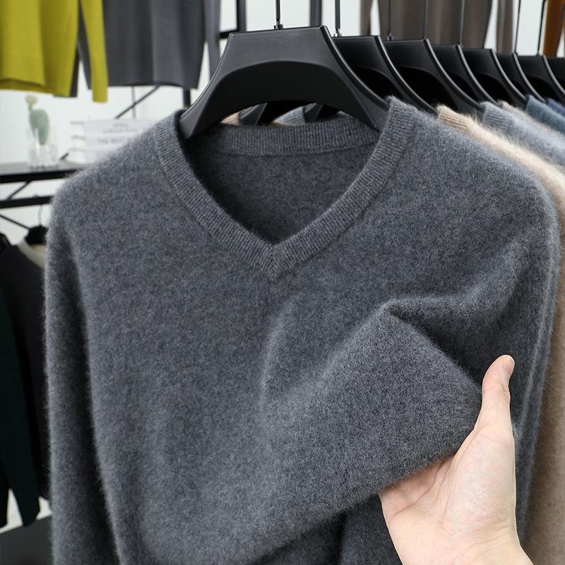 

High-End Cashmere Thick V-Neck Wool Sweater for Men: Middle-Aged & Young, Warm Knitted Pullover XXXXL