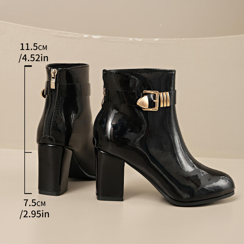 Sexy Patent Leather Black Ankle Boots Women Winter Metal Buckle High Heel Chelsea Boots Gold Decoration Designer Shoes Lady