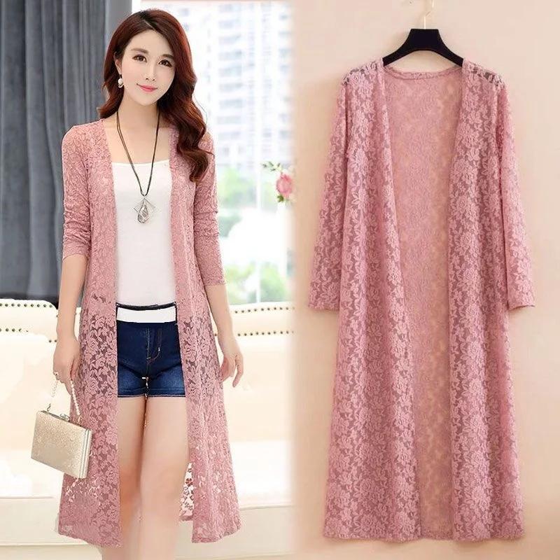 Women's Mid-length Summer Lace Sunscreen Cardigan Fashion Thin Coat with Matching Skirt Top Mesh Shawl Casual Lady Cardigan