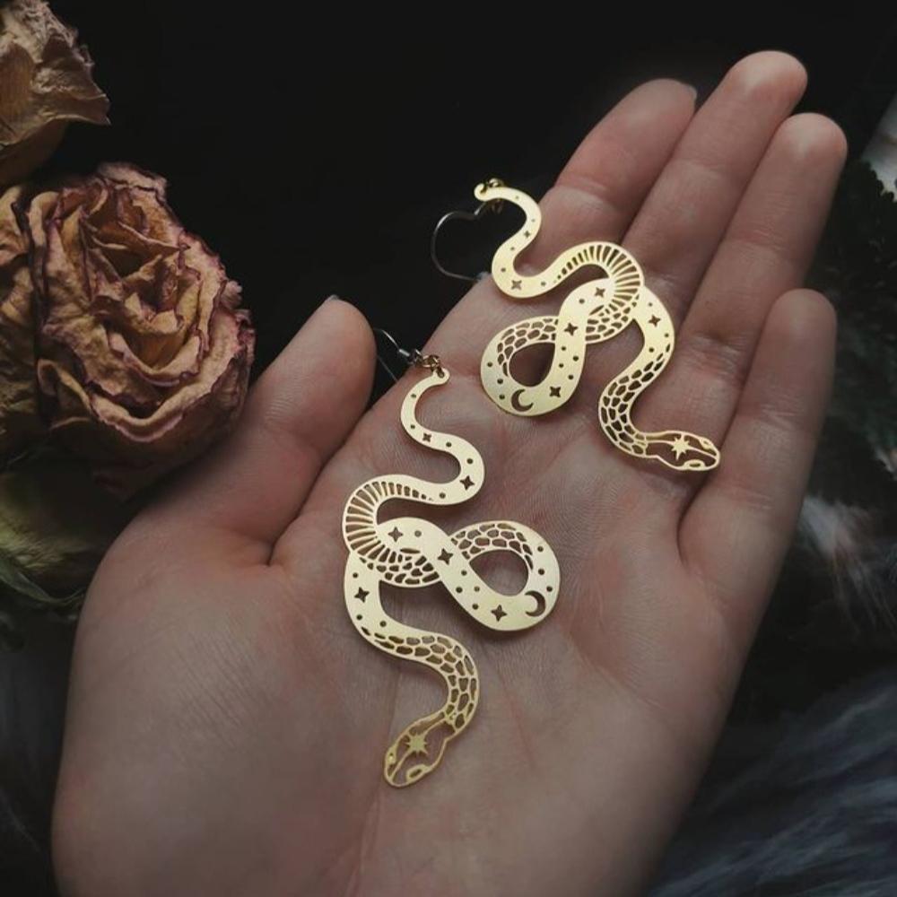 New Creative Gothic Large Hollowed-out Spirit Snake Stars Moon Stainless Steel Dangle Earrings for Women Hallowmas Jewelry Gifts